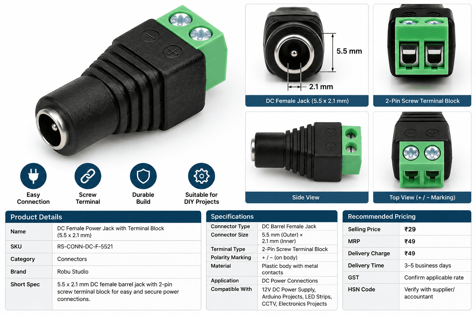 DC Female Power Jack with 2-Pin Terminal Block (5.5 × 2.1 mm)
